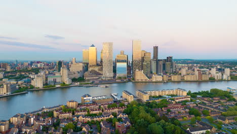 aerial view of london docklands at sunrise/sunset