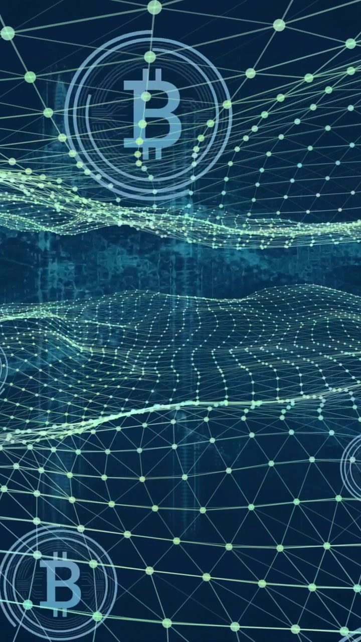 Bitcoin-symboler og blockchain-netværksanimation over digitalt landskab