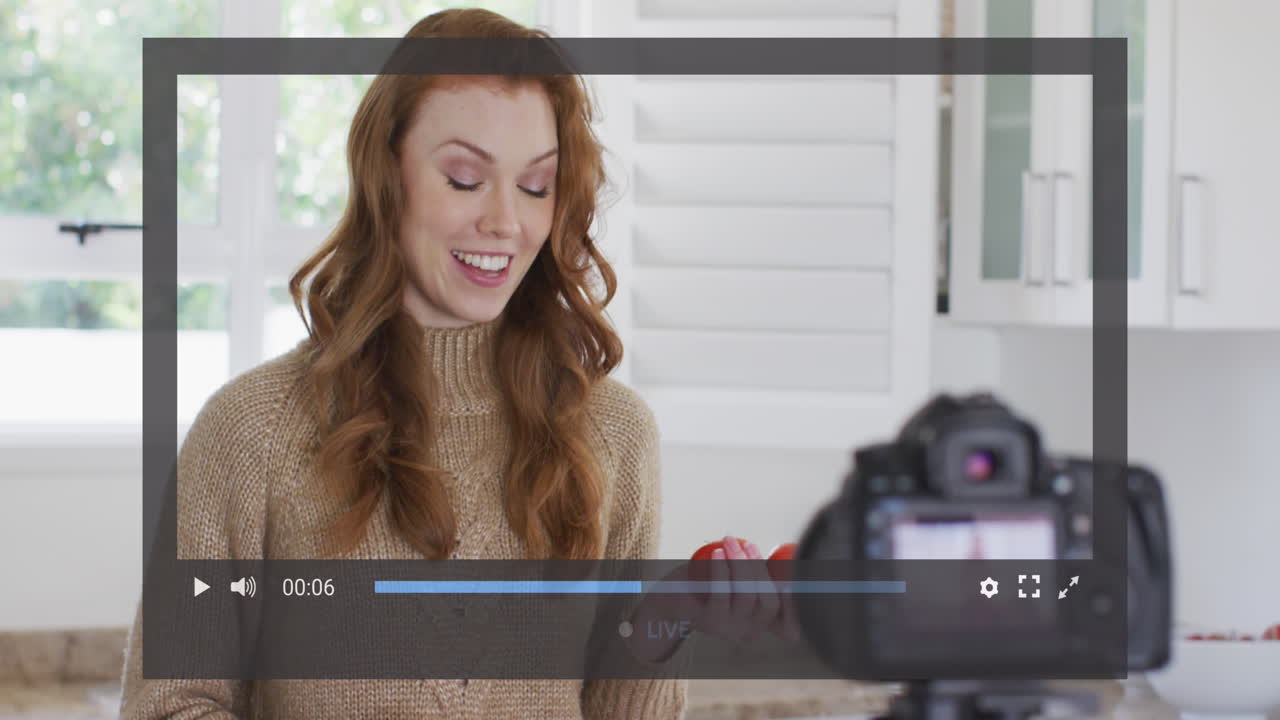 Animation of digital interface and data processing over caucasian woman recording food vlog