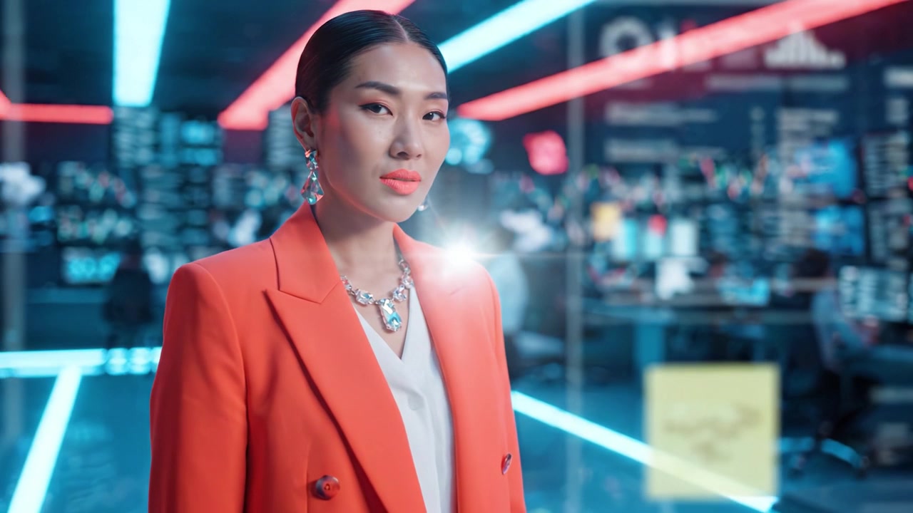 Confident Professional in Vibrant Orange Attire Captured in High-Tech Environment with Colorful Lighting, Signifying Innovation and Modern Leadership in Technology