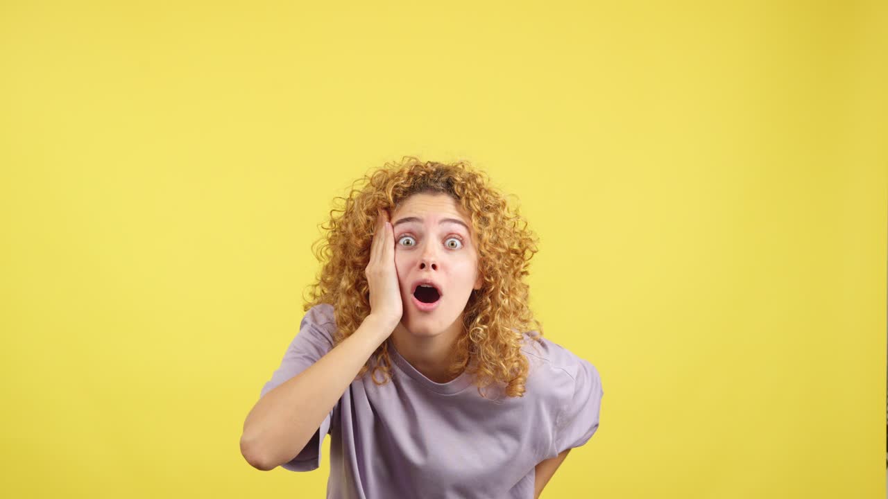 Woman showing various expressions of shock or surprise on a yellow background