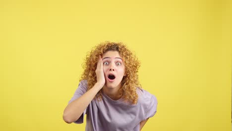 woman showing various expressions of shock or surprise on a yellow background