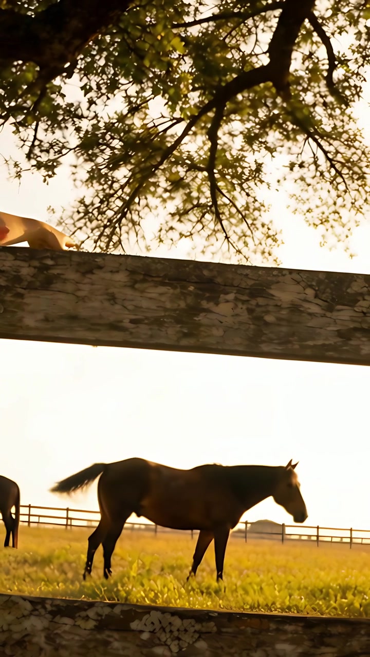 Video verticale: Amici adolescenti appoggiati che osservano un cavallo al pascolo girarsi verso la recinzione nel pascolo.