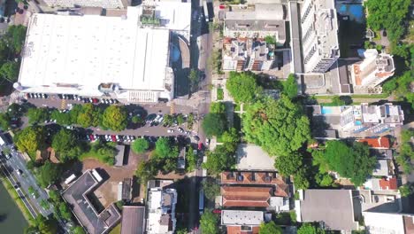 drone showing top view of city avenue with traffic and then moves to city skyline