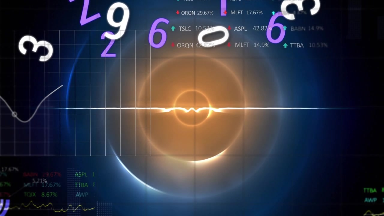 Animation of changing numbers and stock market data processing over blue glowing concentric circles