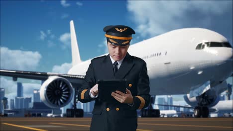 piloto de hombre asiático usando una tableta mientras está de pie en el aeródromo con el avión en el fondo