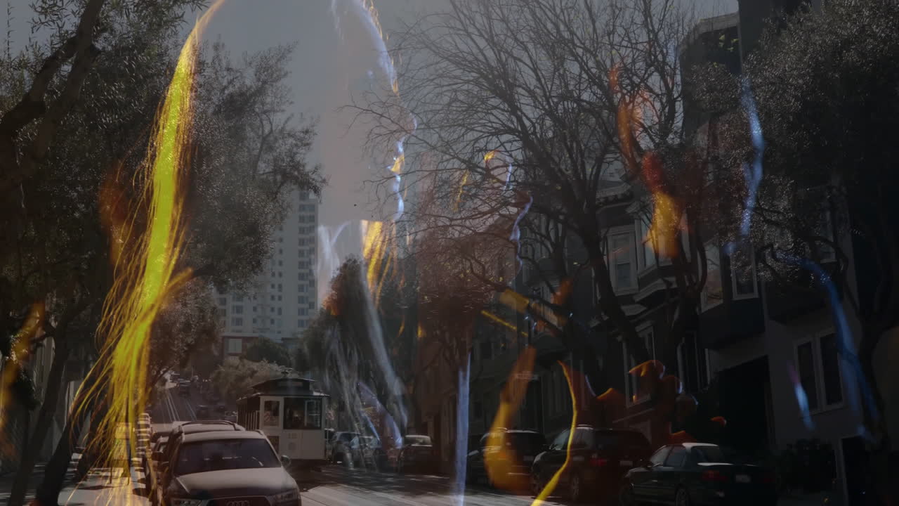 Translucent woman silhouette merging street with motion business graph rising over cable car tracks