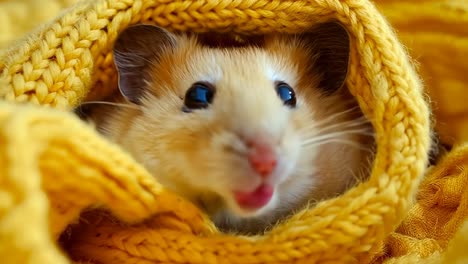 a hamster peeking out from under a yellow blanket