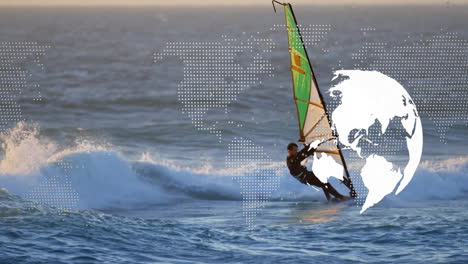 windsurfing in ocean, animated world map overlaying waves