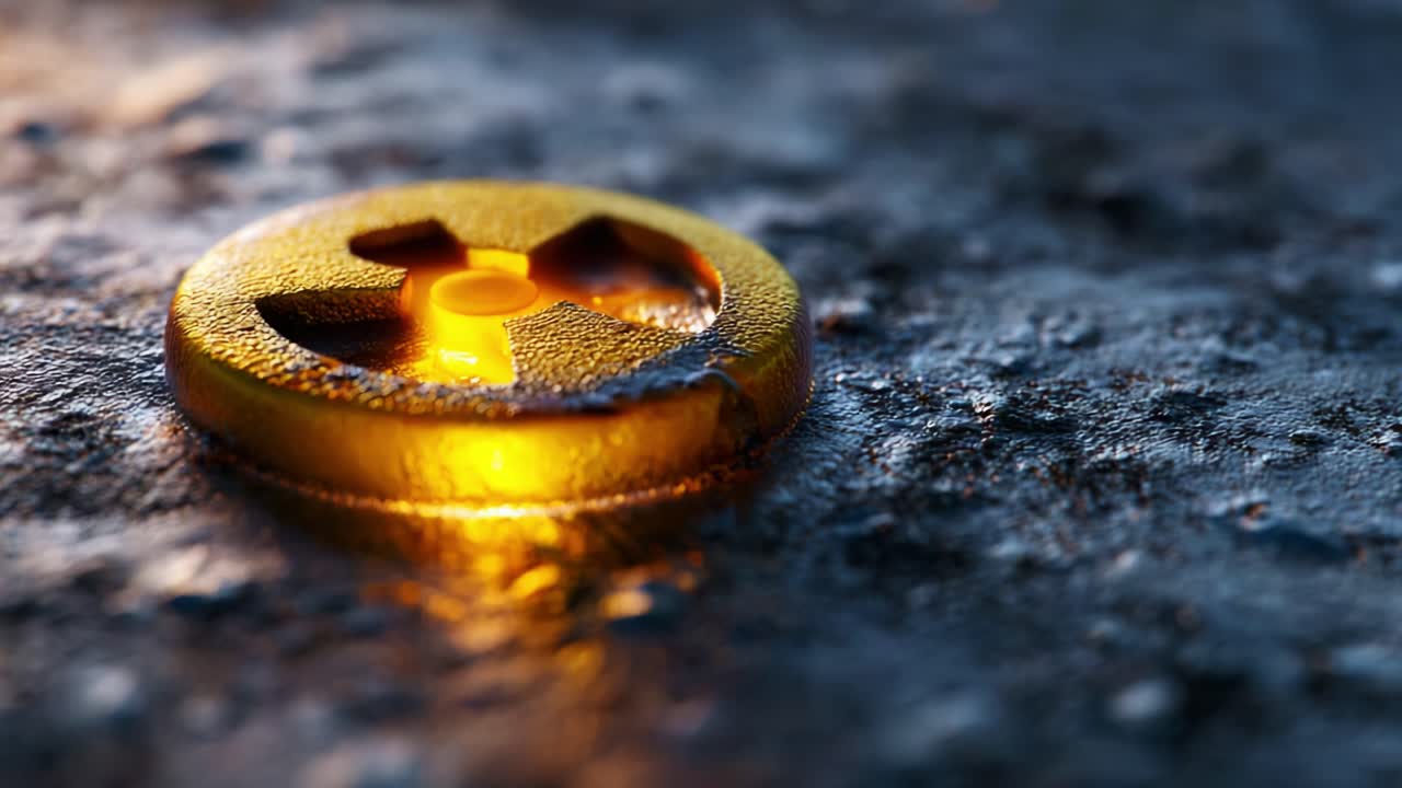 Illuminated Radioactive Symbol on a Textured Surface, Highlighting the Glow of Danger and Alertness in a Dark Environment with a Focused Macro Perspective