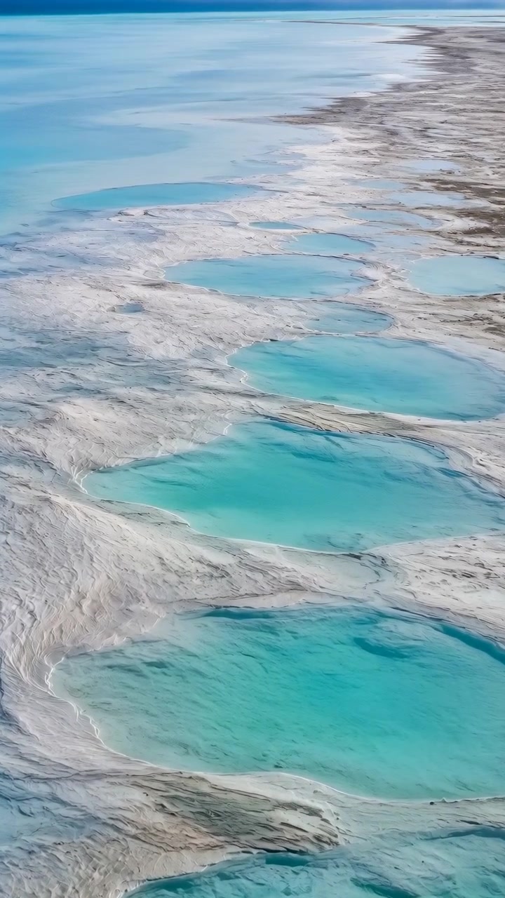 Skråt luftfoto fra stor højde af cirkulære terrasserede bassiner fyldt med turkis vand, arrangeret i en diagonal kæde hen over blege mineralterrasser og lyse sedimentflader ved siden af et roligt, lavt hav.