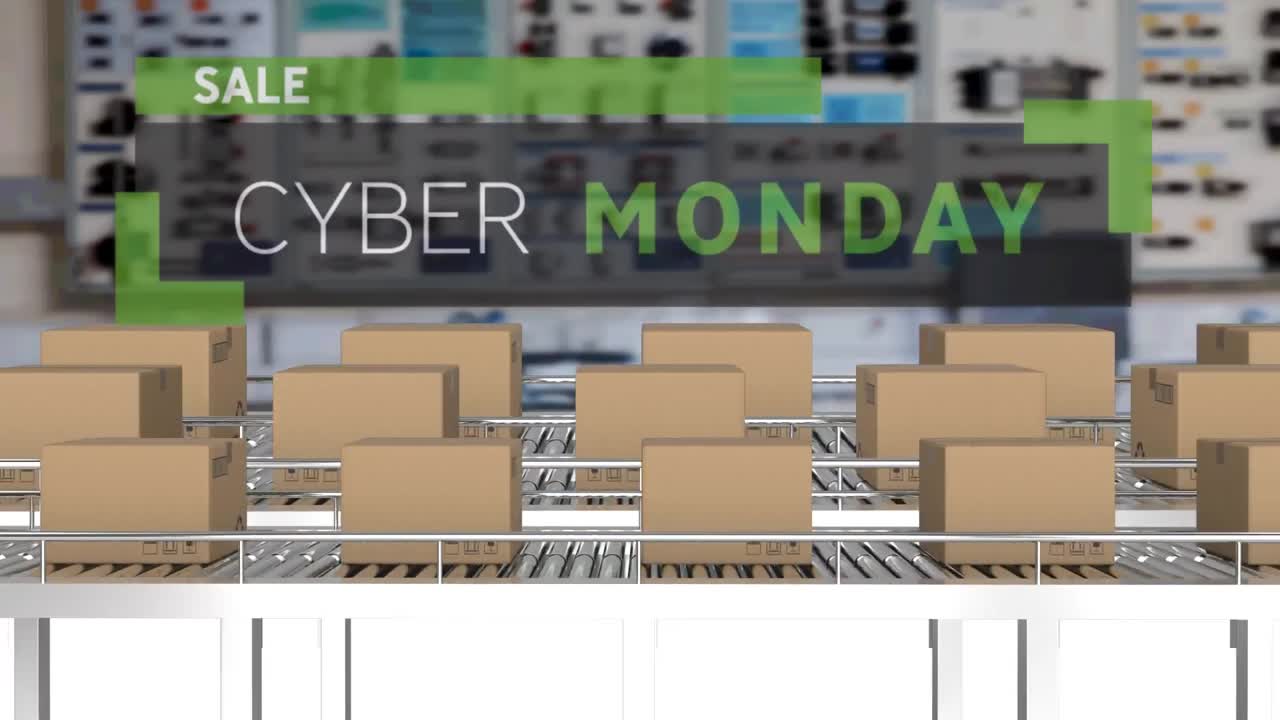 컨베이어 벨트에 있는 카드보드 상자 위에 있는 사이버 월요일 판매 텍스트의 애니메이션