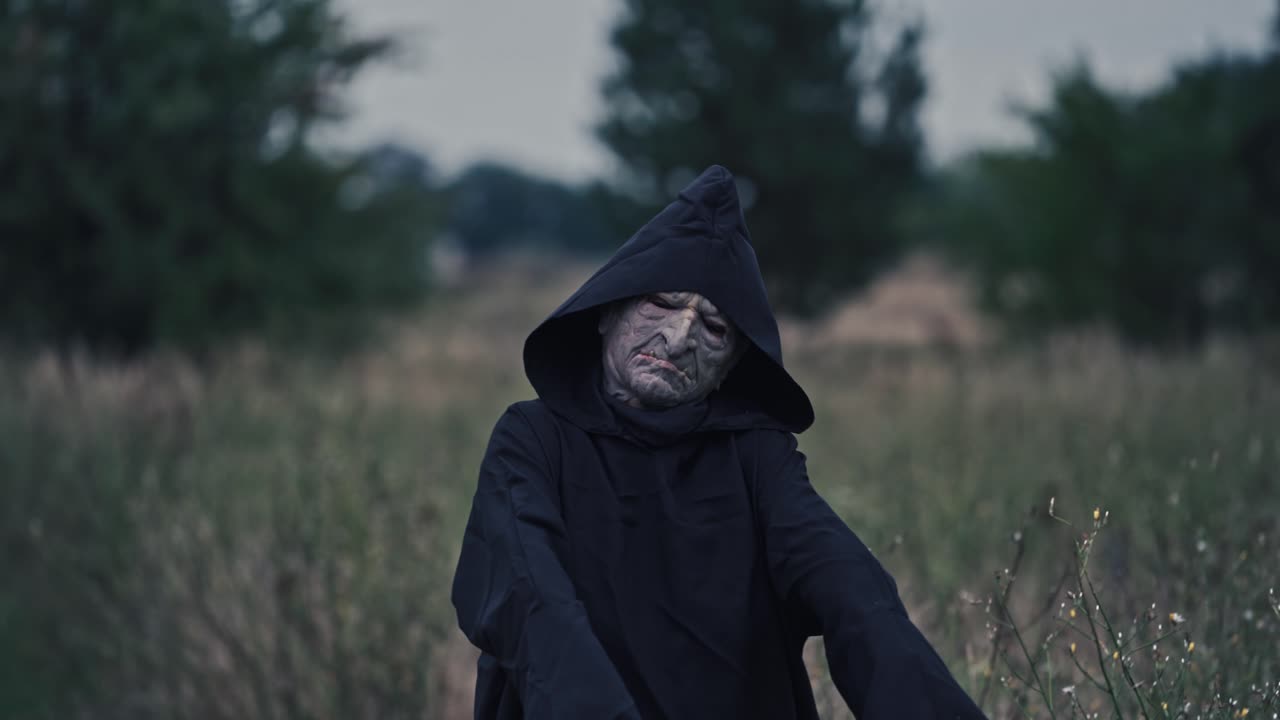 Scary Halloween costume. Portrait of frightful ghost on blur nature background in the evening. Black death in mantle outdoors. Close-up.