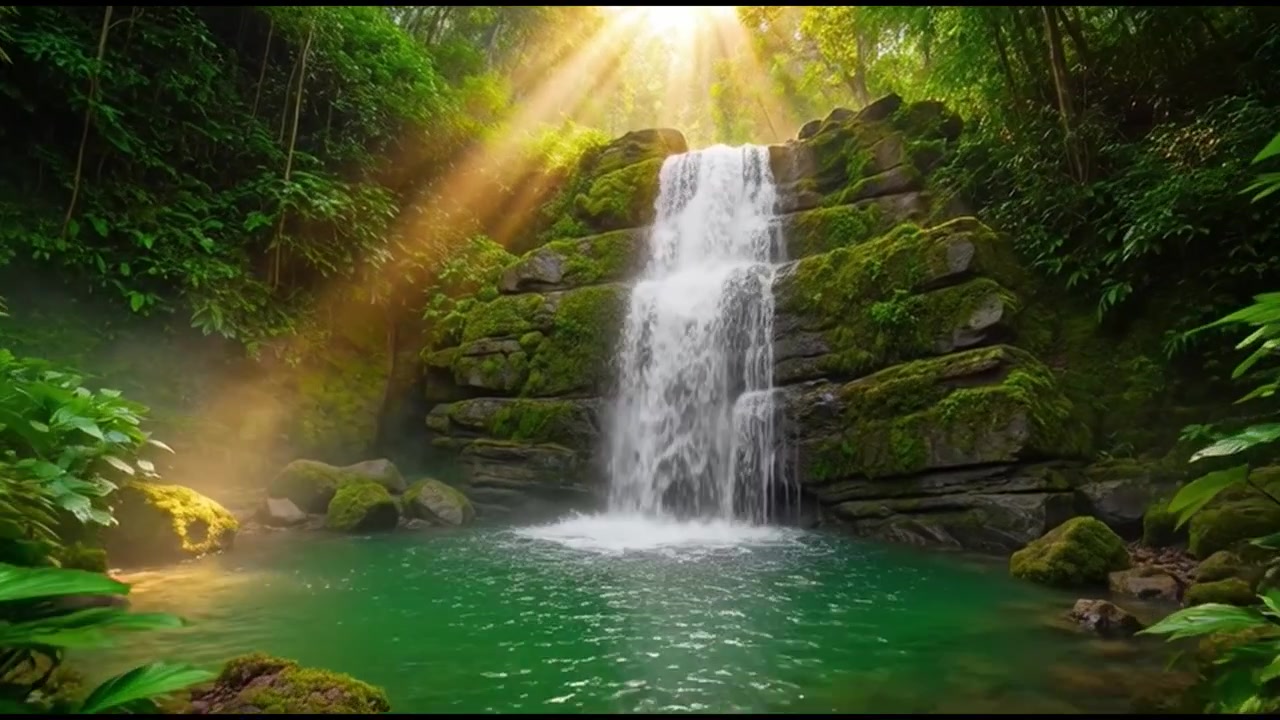 Cachoeira em cascata em uma piscina de floresta tropical com raios de sol.