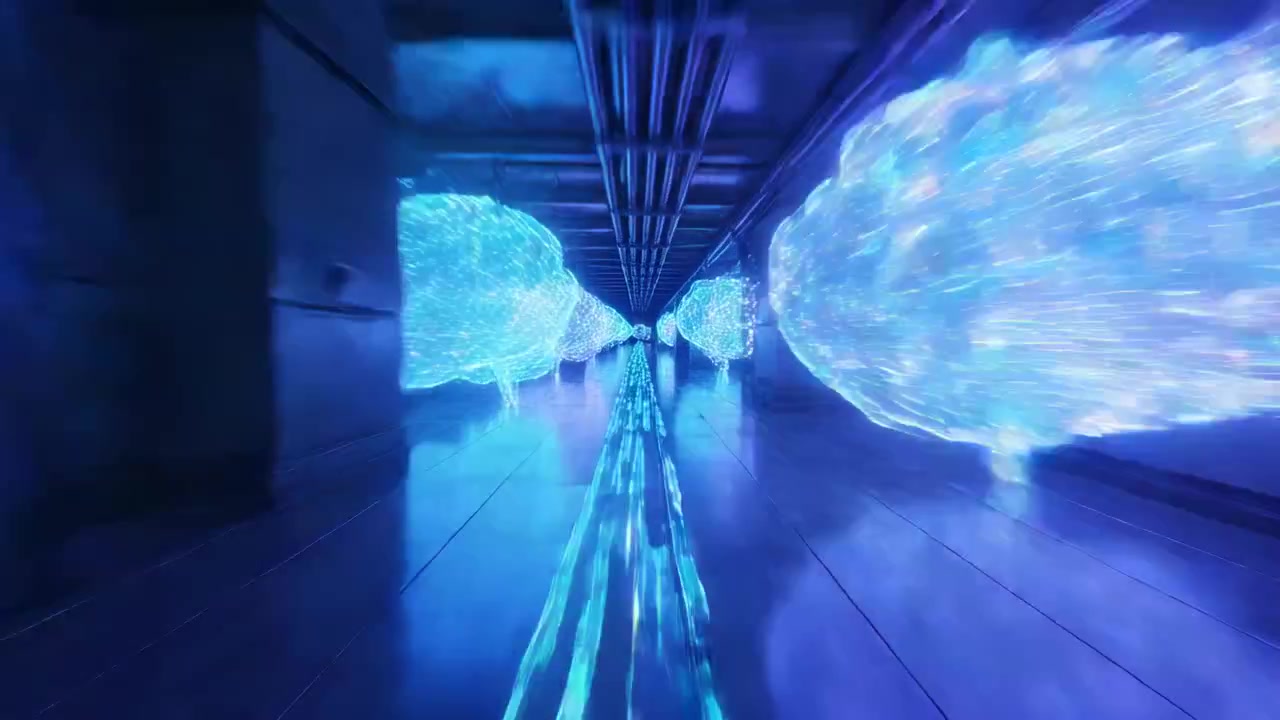 Cámara en movimiento revelando hologramas de cerebros brillantes por un pasillo de metal, siguiendo una cinta central.