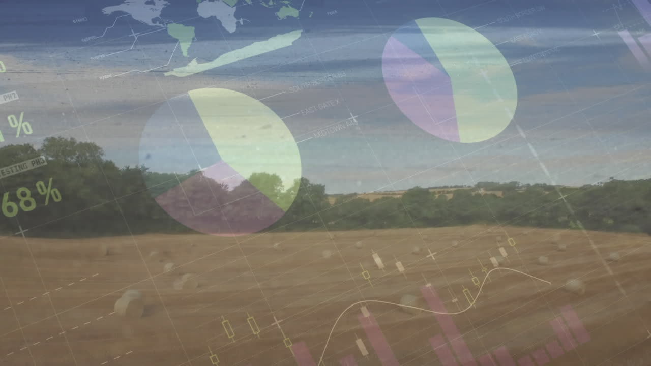 다채로운 인포그래픽 인터페이스의 애니메이션 구름이 가득한 하늘을 향한 공중 전망