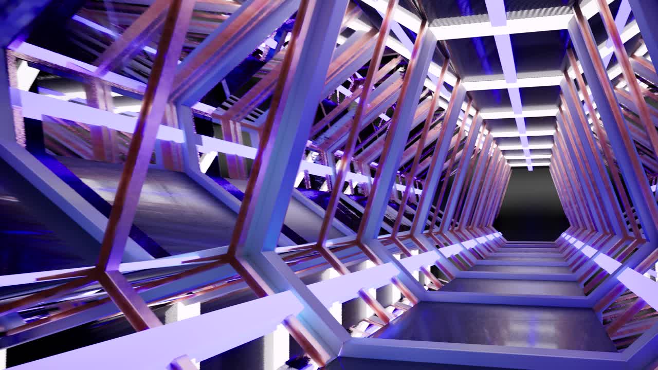 túnel largo de ciencia ficción futurista con superficies metálicas y luces de neón brillantes, animación 3d, cámara panorámica a la derecha y zoom en