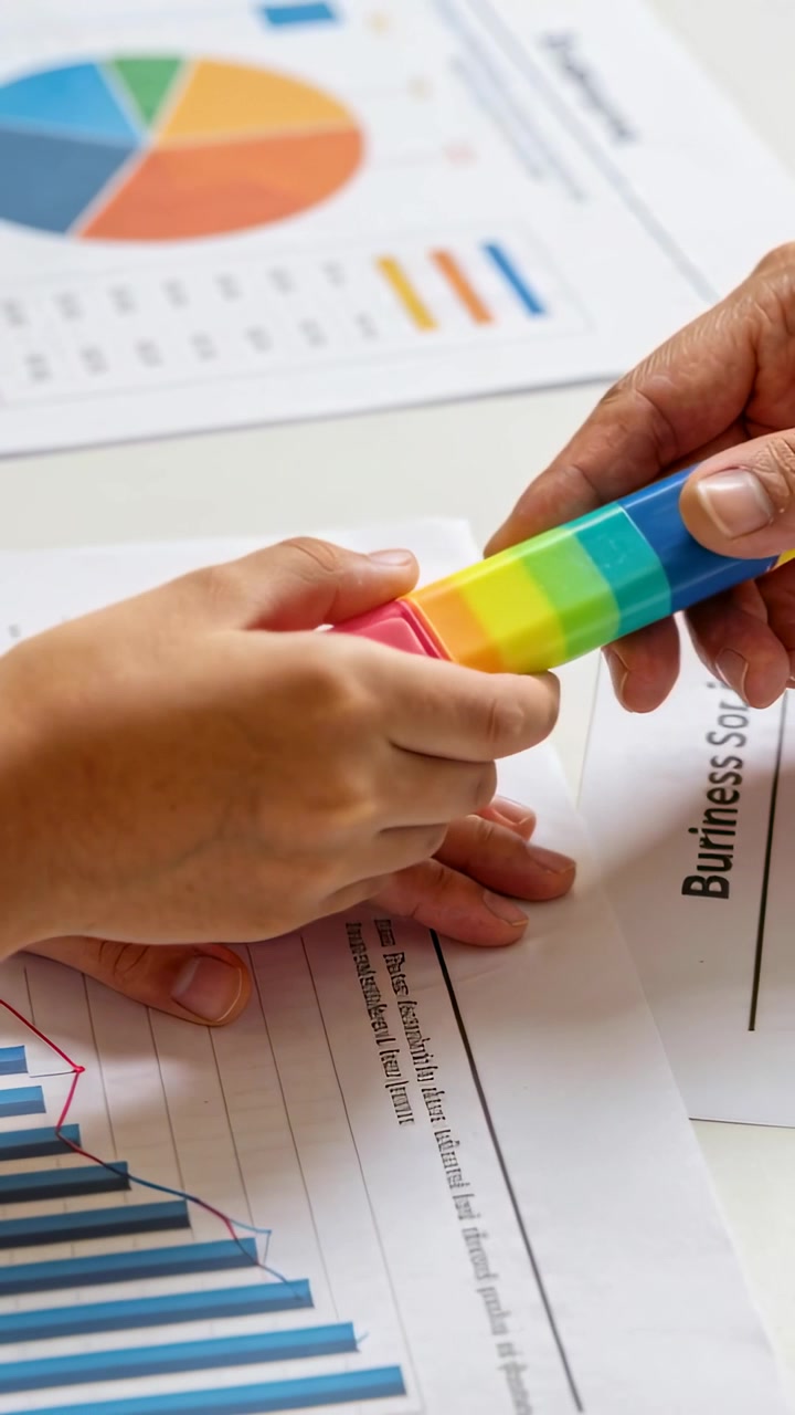 Vertical video: Pressing rainbow marker on hand giver passing it at desk to mark pie and bar charts