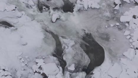 top down aerial view, water flowing through frozen river in anchorage, alaska 4k