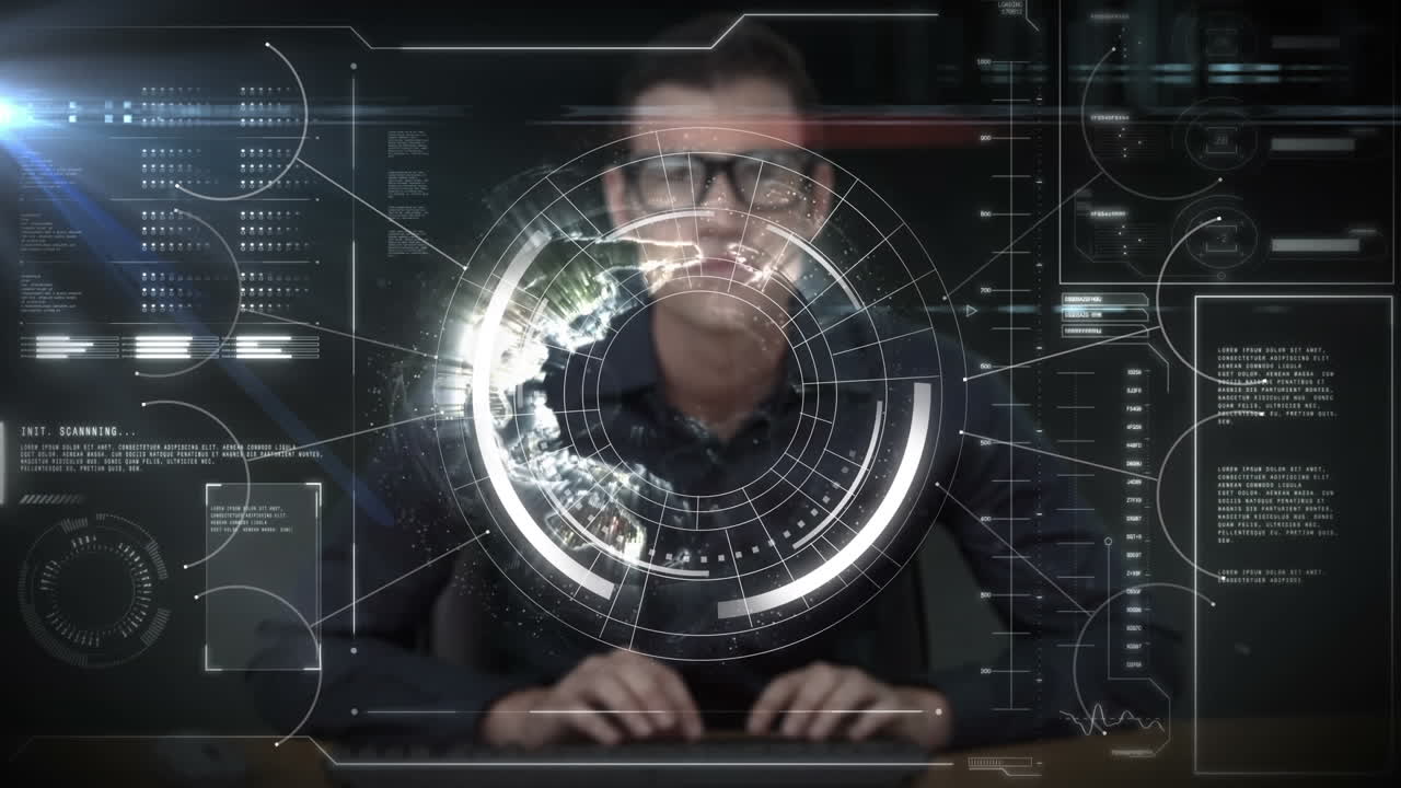 animación del procesamiento de datos en todo el mundo y empresario caucásico usando computadora.