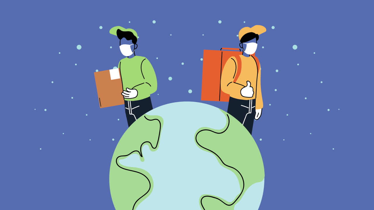 mensajeros de entrega seguros con máscaras médicas con cajas de cartón y planeta tierra