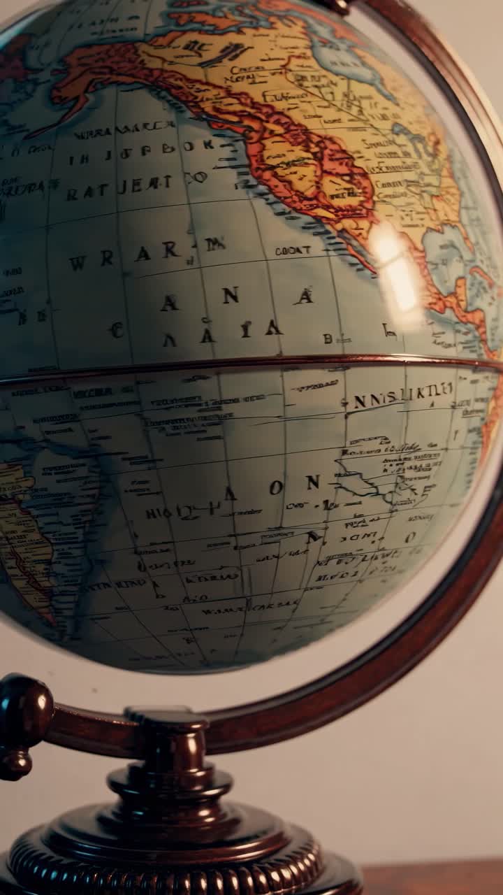 The video showcases a vintage globe spinning slowly, highlighting geographical details with a warm