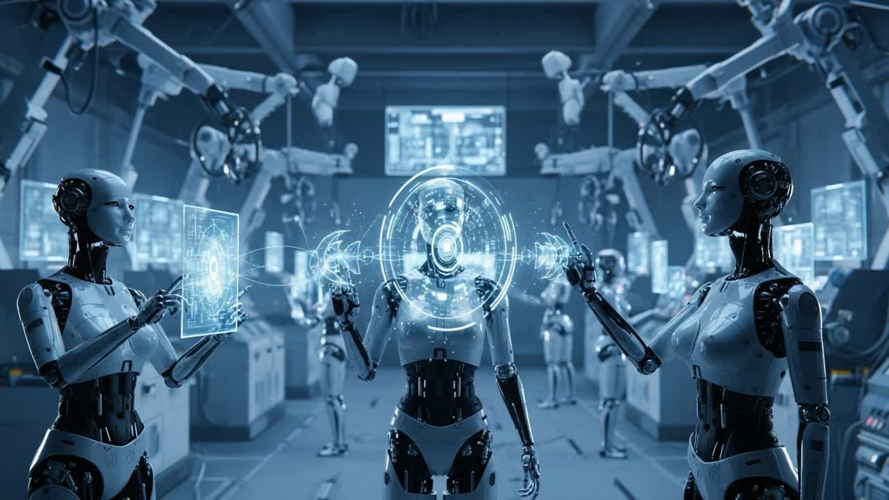 In a high-tech robotic facility, synthetic beings engage in advanced communication, showcasing the intersection of artificial intelligence and human-like interactions