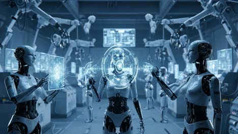 in a high-tech robotic facility, synthetic beings engage in advanced communication, showcasing the intersection of artificial intelligence and human-like interactions