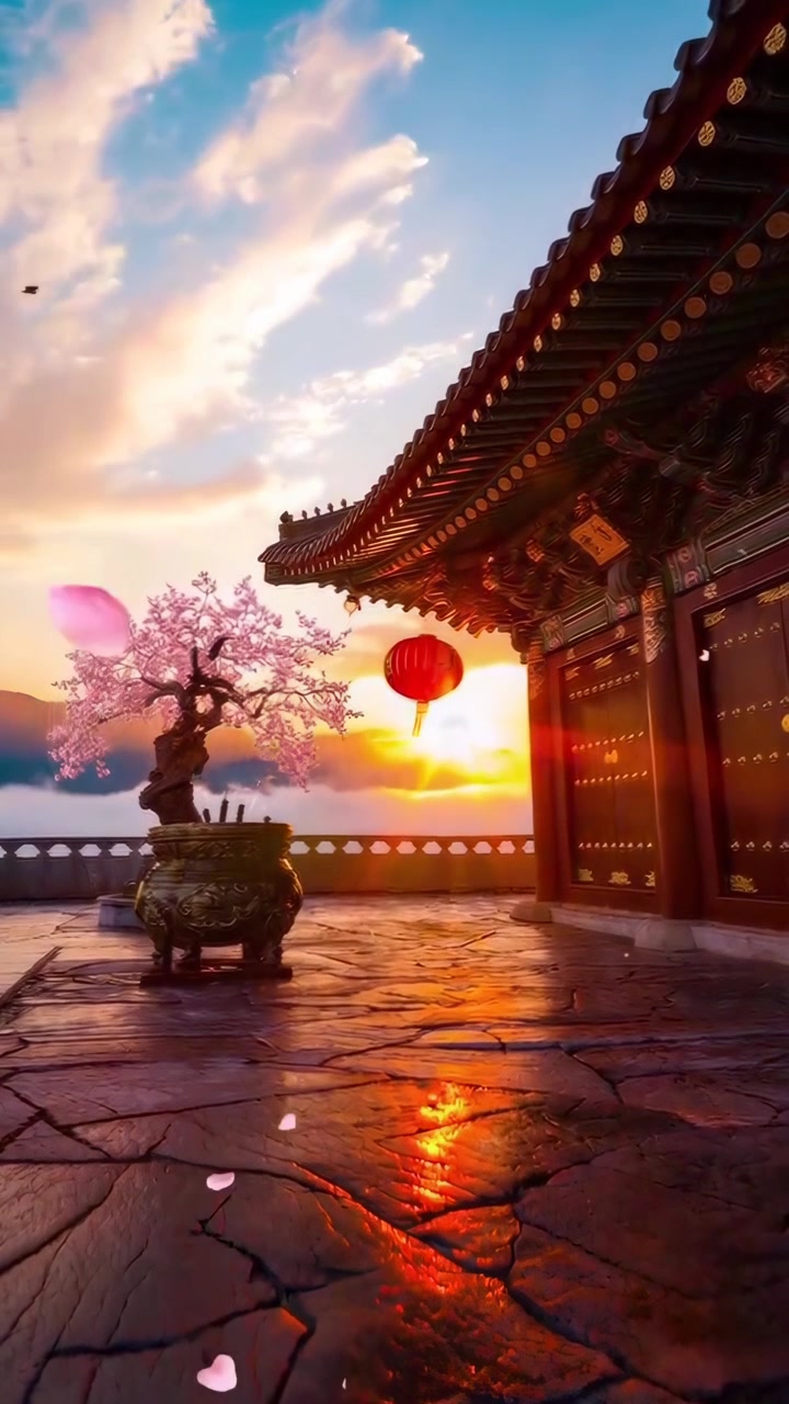 Cortile di un tempio tradizionale coreano al tramonto con fiori di ciliegio