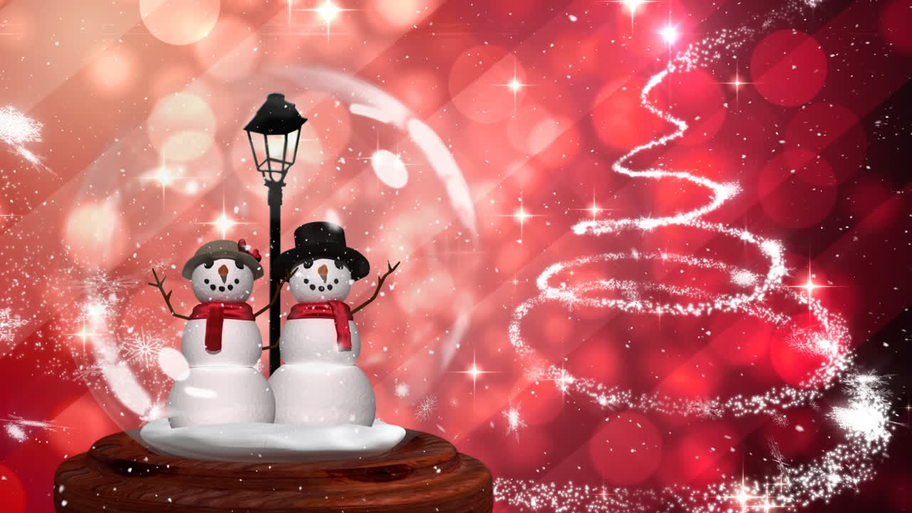 Cute Christmas animation of snowman couple in snow globe 4k