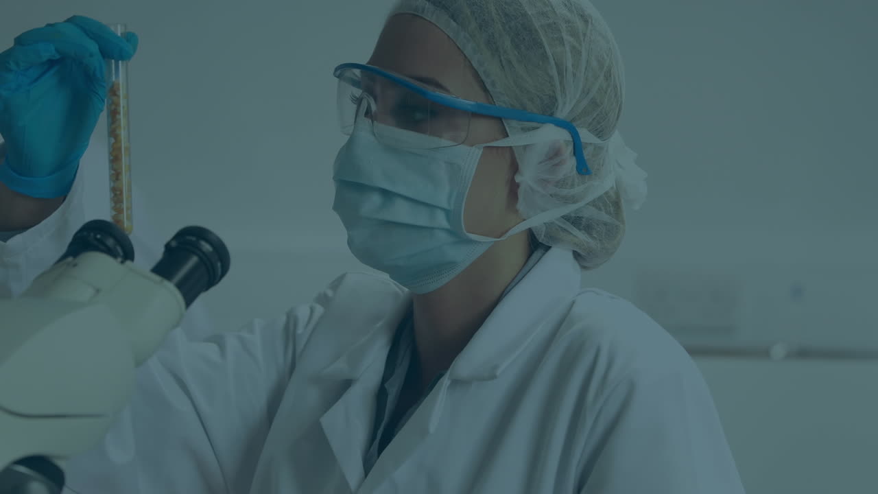 Animation of molecules over caucasian female scientist with microscope working in laboratory