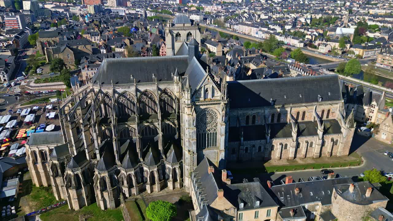 Magnificent Le Mans Cathedral or Cathédrale Saint-Julien du Mans, Marché des Jacobins and surrounding city, Sarthe, France. Aerial drone pov