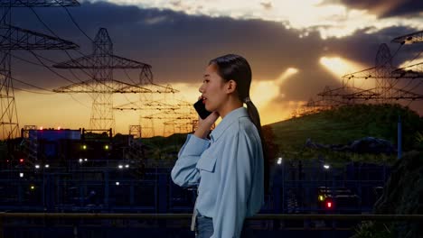 side view asian female professional worker standing near high voltage tower, industrial facility, she pick the phone up and started to specking to it with a slicely smile
