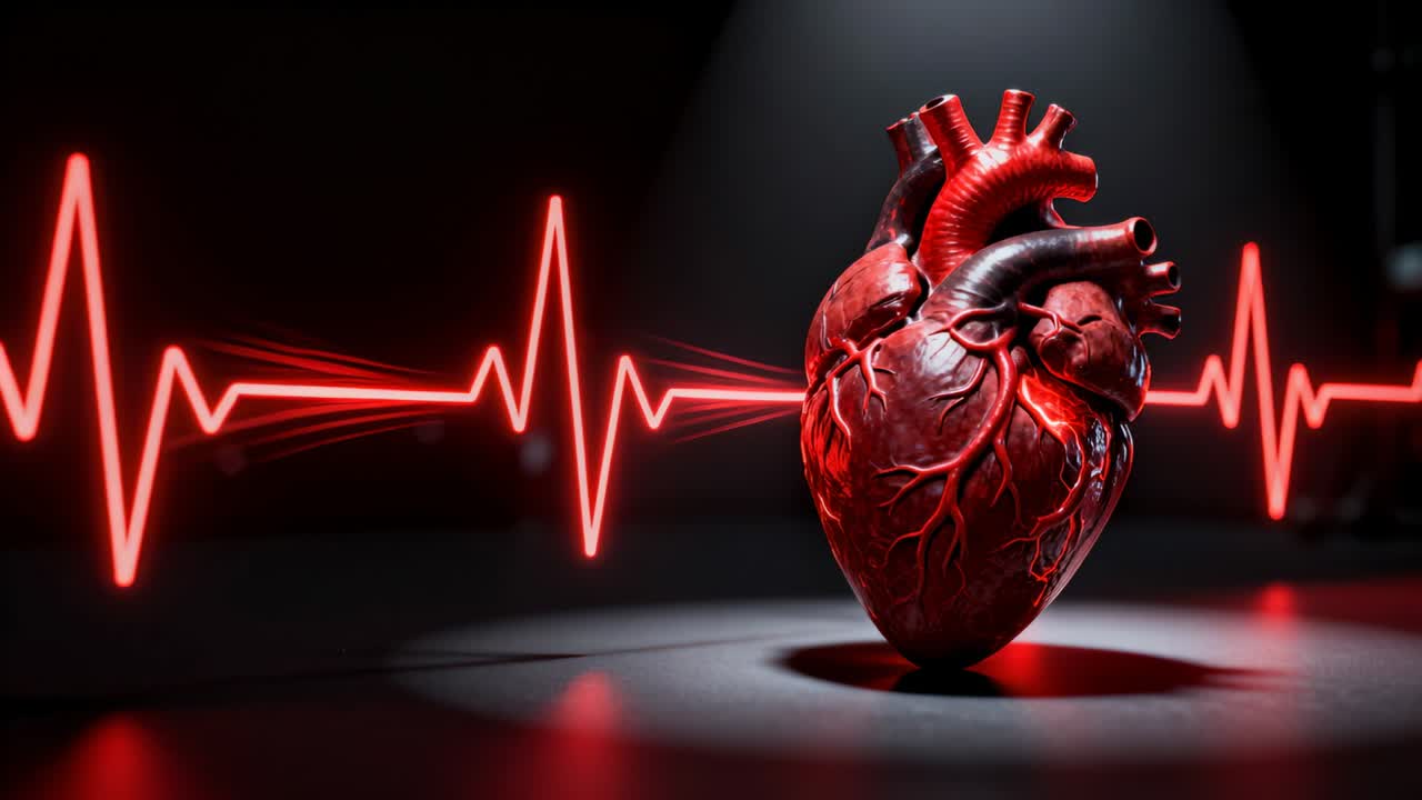 Modello anatomico di cuore che pulsa, sincronizzato con un picco ECG al neon, che brilla sotto la luce su un palco riflettente.
