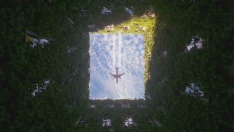 avión volando sobre un edificio cubierto de frondos