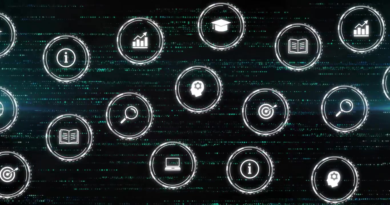 White icons starting drifting into view over code background, sliding into glowing grid for UI demo