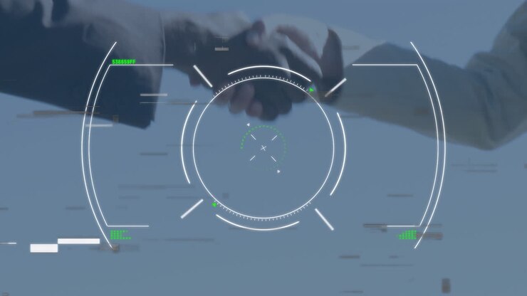 Glitch-effekt over skanning mod midtersektionen af en forretningsmand og forretningskvinde, der giver hånd