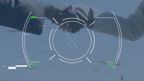 Glitch effect over scope scanning against mid section of businessman and businesswoman shaking hands