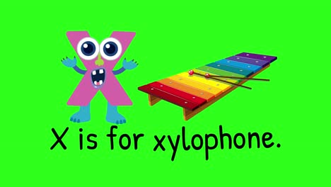 colorful animation of letter x with a playful xylophone on a green background, emphasizing learning and fun