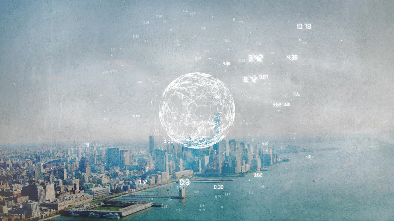 Digital globe and data points animation over city skyline and waterfront