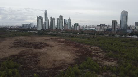 Vista-Desde-Un-Parque-Con-Vegetación-Hacia-Una-Zona-De-La-Ciudad-De-Buenos-Aires,-Argentina,-Con-Imponentes-Edificios