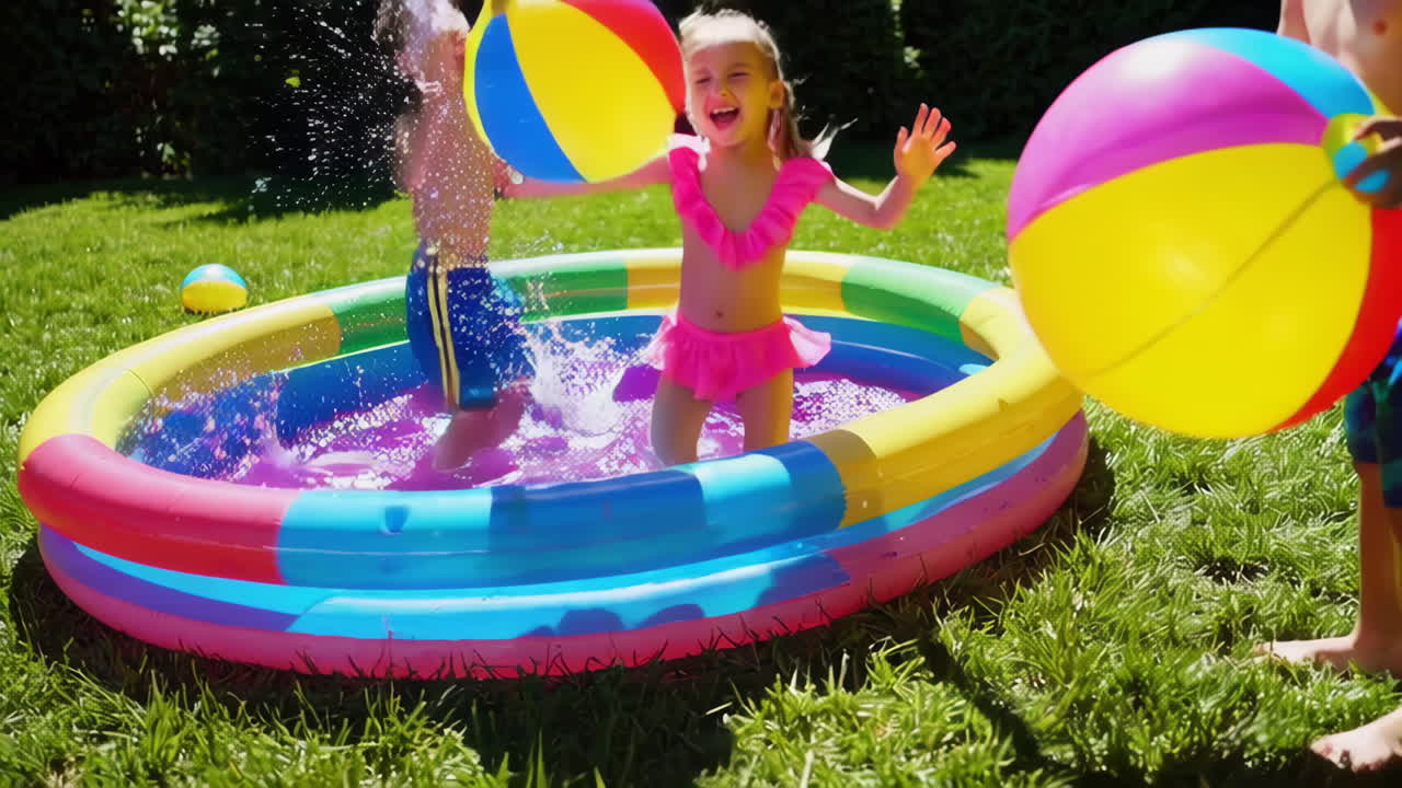 Children Playing and Splashing in an Inflatable Pool with Beach Balls on a Sunny Summer Day