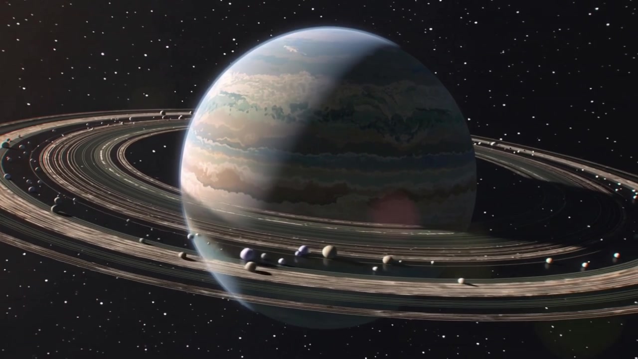 Panoramica della telecamera che rivela un gigante gassoso con anelli nello spazio, con una stella che entra e causa un bagliore dell'obiettivo.
