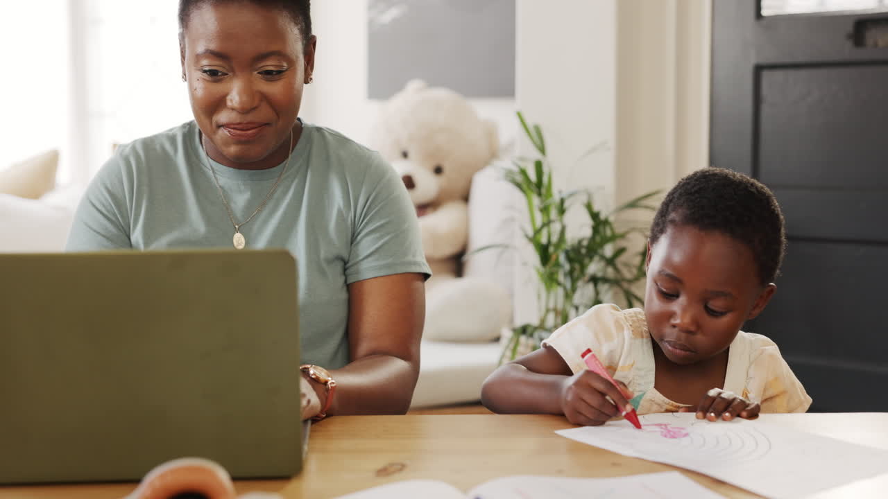 Learning, drawing girl and mother on laptop