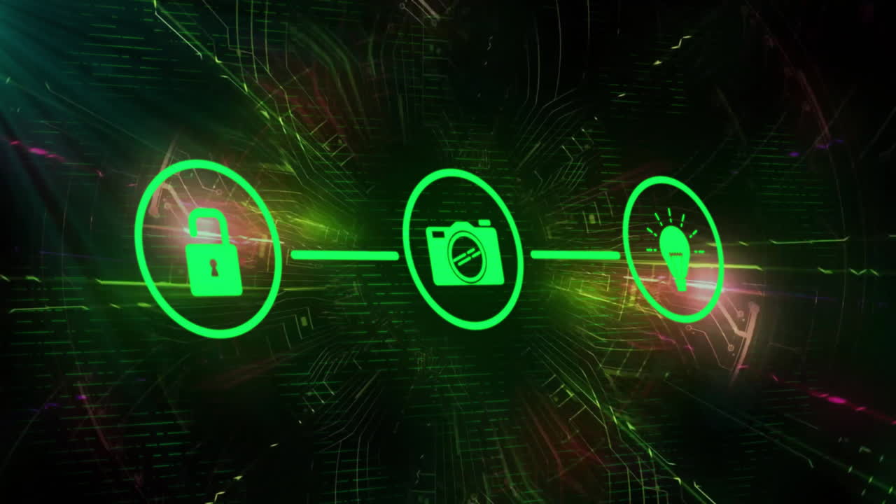 animación de la red de conexiones con iconos sobre fondo oscuro