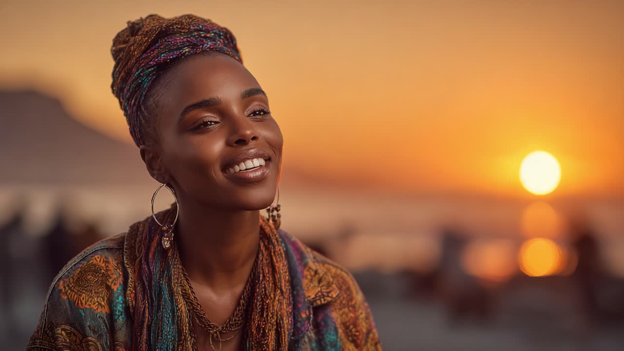 A Joyful Encounter at Sunset: Capturing the Beauty and Warmth of a Smiling Woman Against a Stunning Beach Sunset Backdrop