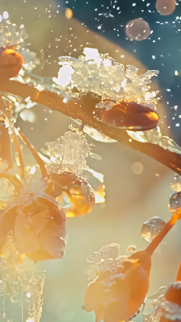 A branch covered in ice and snow, with frozen leaves hanging from it. The branch is surrounded by a blue sky, and the snow is falling gently from the sky. The scene is serene and peaceful