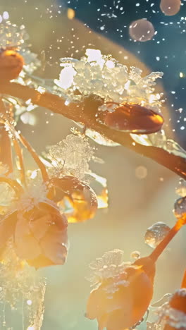 a branch covered in ice and snow, with frozen leaves hanging from it. the branch is surrounded by a blue sky, and the snow is falling gently from the sky. the scene is serene and peaceful