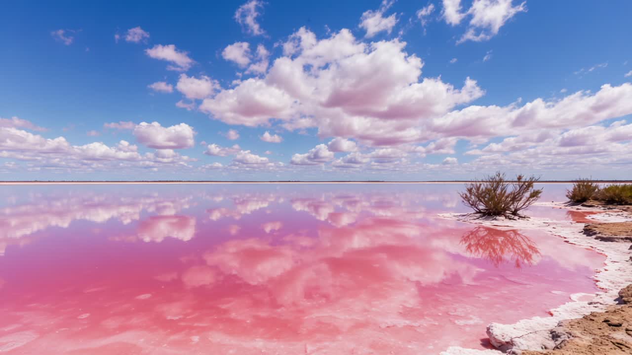 Captivating Display of Nature’s Beauty: A Stunning Reflection of a Pink Salt Lake Against a Brilliant Blue Sky Filled with Fluffy White Clouds