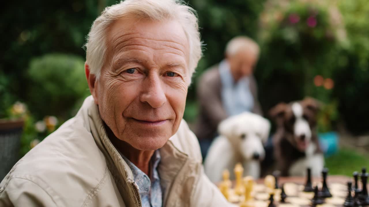 A Heartwarming Moment in the Park: An Elderly Gentleman Engaged in Chess with His Furry Companions, Surrounded by the Blissful Presence of Nature and Friendship, Captured in a Beautifully Serene Setting